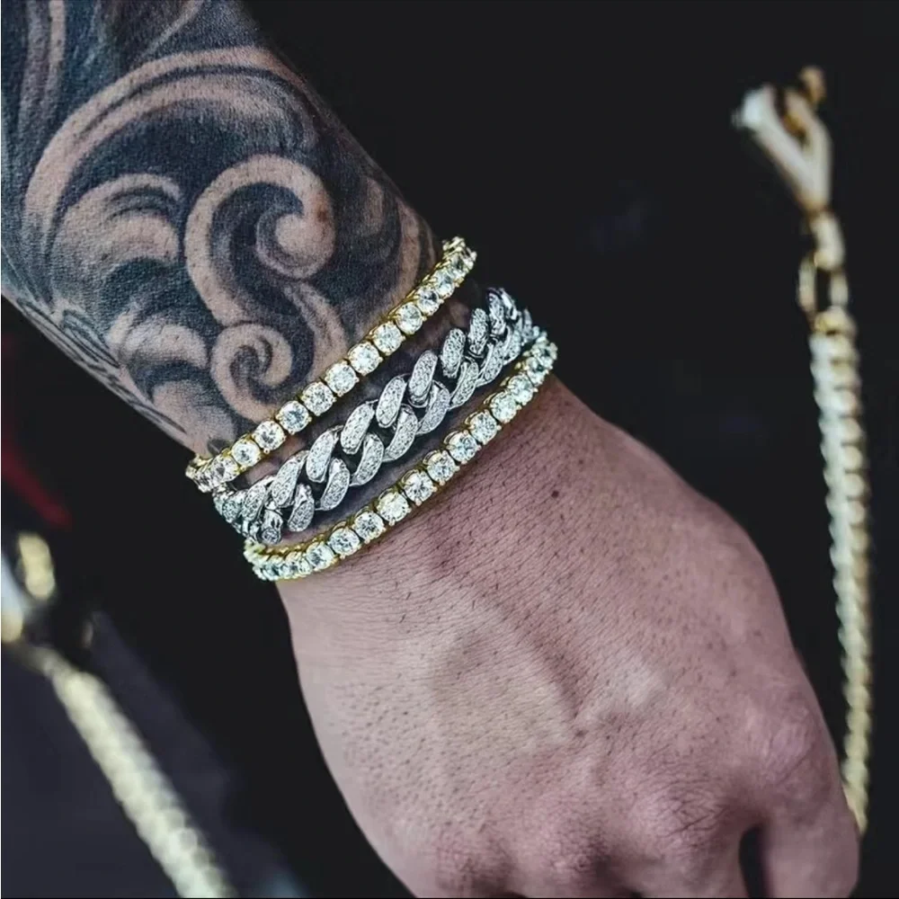 Men’s 5mm round cubic zirconia 14k gold plated setting bracelet 8”